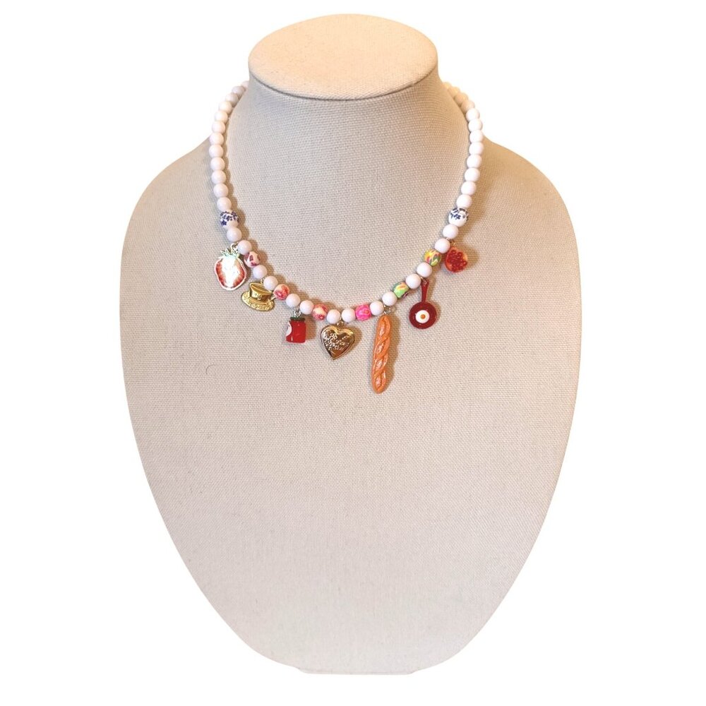 Handmade Beaded Necklace With White Beads & Assorted Fruit-Themed Charms Includi - Picture 2 of 6